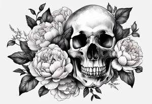 Human skull and horse skull with delicate peonies. tattoo idea