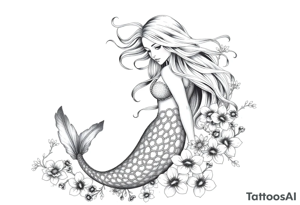 ethereal mermaid with flowing hair among coral and sea flowers tattoo idea