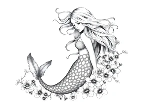 ethereal mermaid with flowing hair among coral and sea flowers tattoo idea