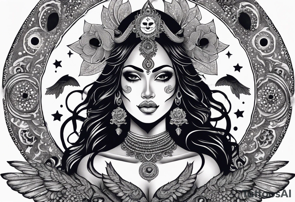 black kali, goddess pirate, alien, angel, pachamama, valkrye, warrior, flying, skull, lotus azul, wing, eagle, zenza resonance, stars, 5D, anahata chakra, death, durga, riding on a tiger, flying lady, kundalini, chest tatoo, samuri, rebel tattoo idea