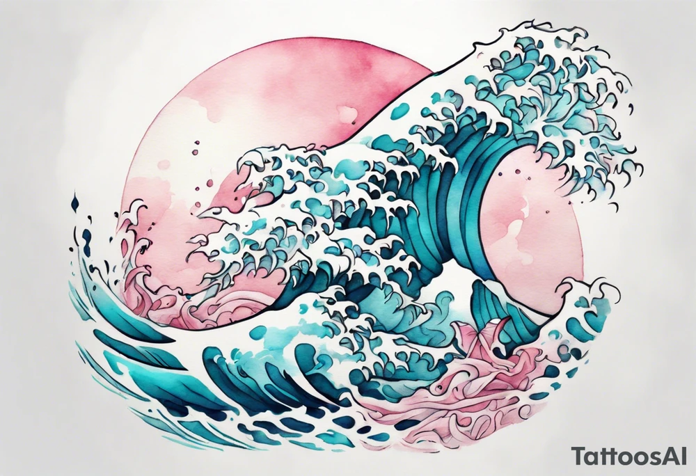 a beautiful turquoise and white and pink Orm Embar rising from the blue waves of the ocean tattoo idea