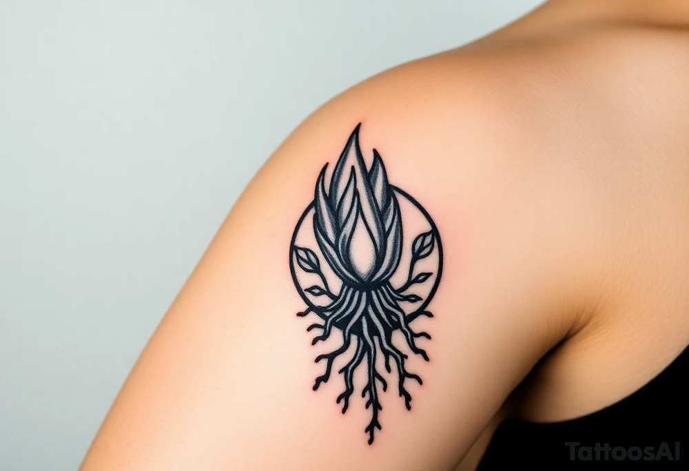 flame in a blooming roots circle tattoo idea