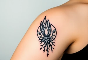 flame in a blooming roots circle tattoo idea