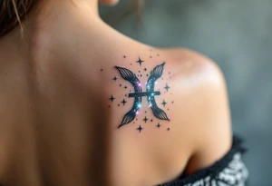 A bold black Pisces sign sits under a gradient of starlight forming the star constellation in icy shades. tattoo idea