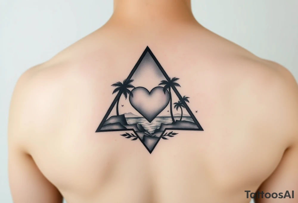 A triangle with a heart in the center and a ocean with palm trees in background tattoo idea