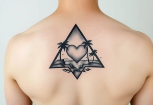 A triangle with a heart in the center and a ocean with palm trees in background tattoo idea