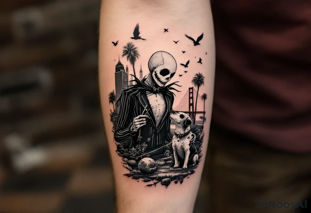 majestic jack skellington with dog,smoking a blunt and fishing,surrounded by city buildings,golden gate bridge, birds, palm trees, tattoo idea