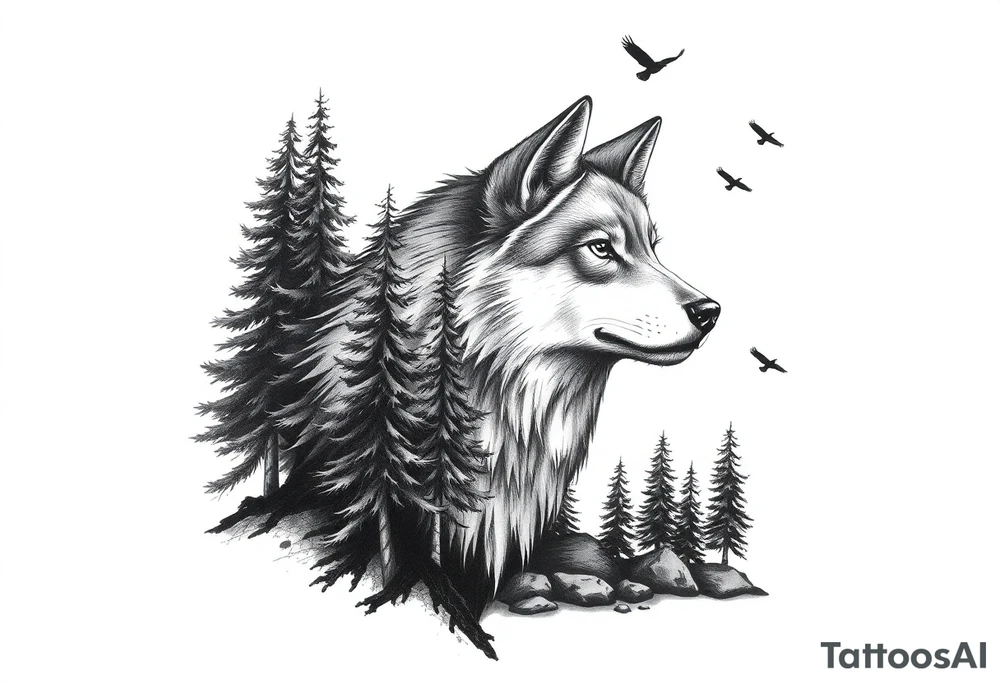 Wolf head surrounded by large pine trees growing from black ground and small ravens flying overhead tattoo idea