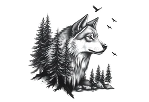Wolf head surrounded by large pine trees growing from black ground and small ravens flying overhead tattoo idea