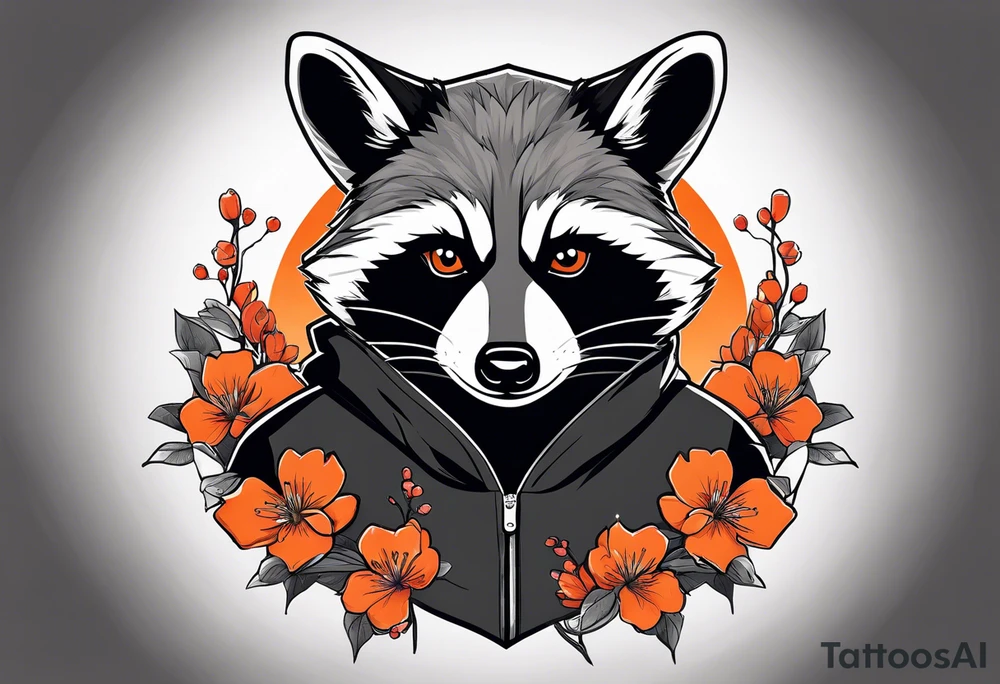 Raccoon wearing a white Superman logo on a black hoodie and orange Japanese cherry blossoms beside tattoo idea