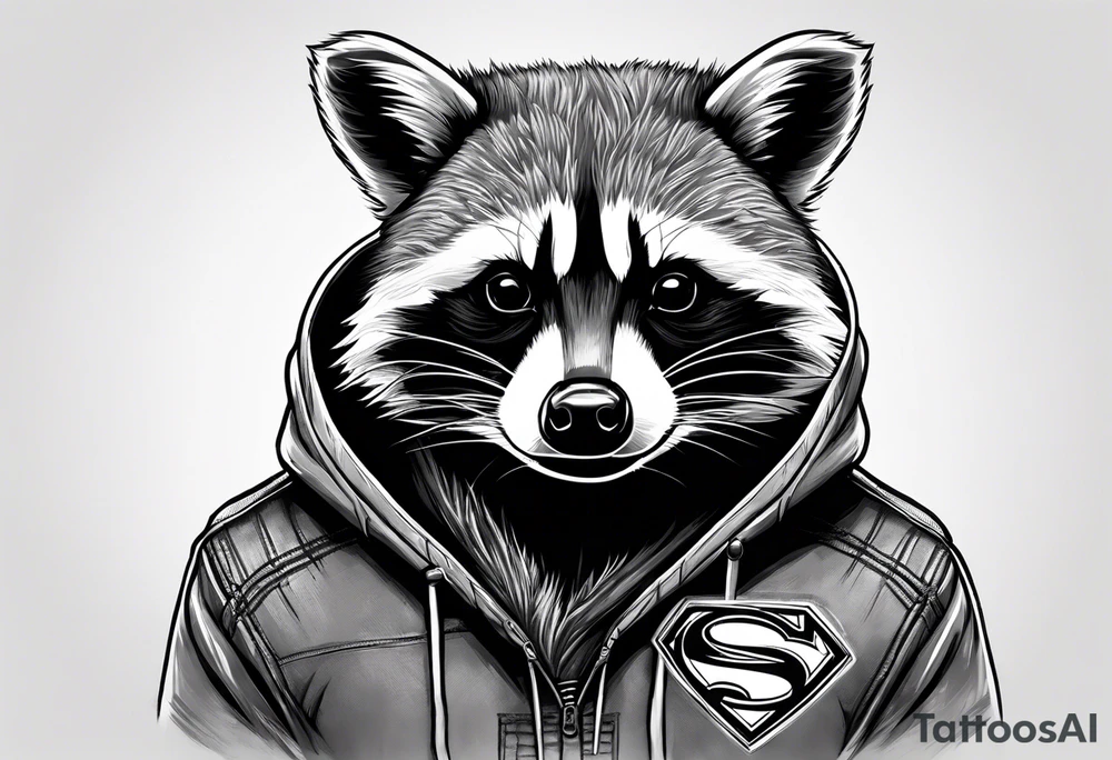 raccoon wearing a Superman hoodie tattoo idea