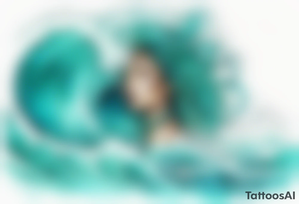 a beautiful turquoise face emerging from an ocean wave, crashing onto the shore tattoo idea