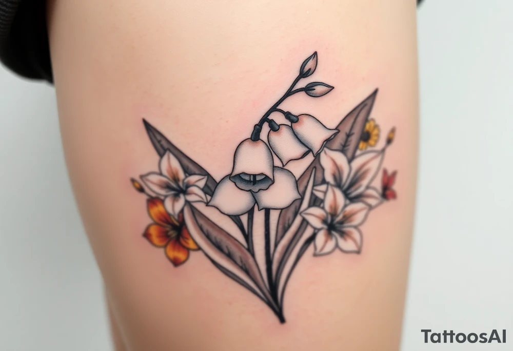 White lily in the valley bells with other different colored lilies surrounding tattoo idea