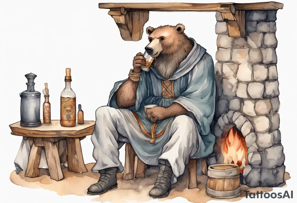 a medieval bear-human hybrid with a long grey beard wearing a tunic and boots, sitting on a stool by the tavern fireplace drinking from a clay bottle tattoo idea