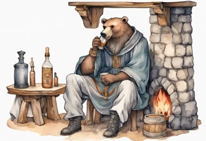a medieval bear-human hybrid with a long grey beard wearing a tunic and boots, sitting on a stool by the tavern fireplace drinking from a clay bottle tattoo idea