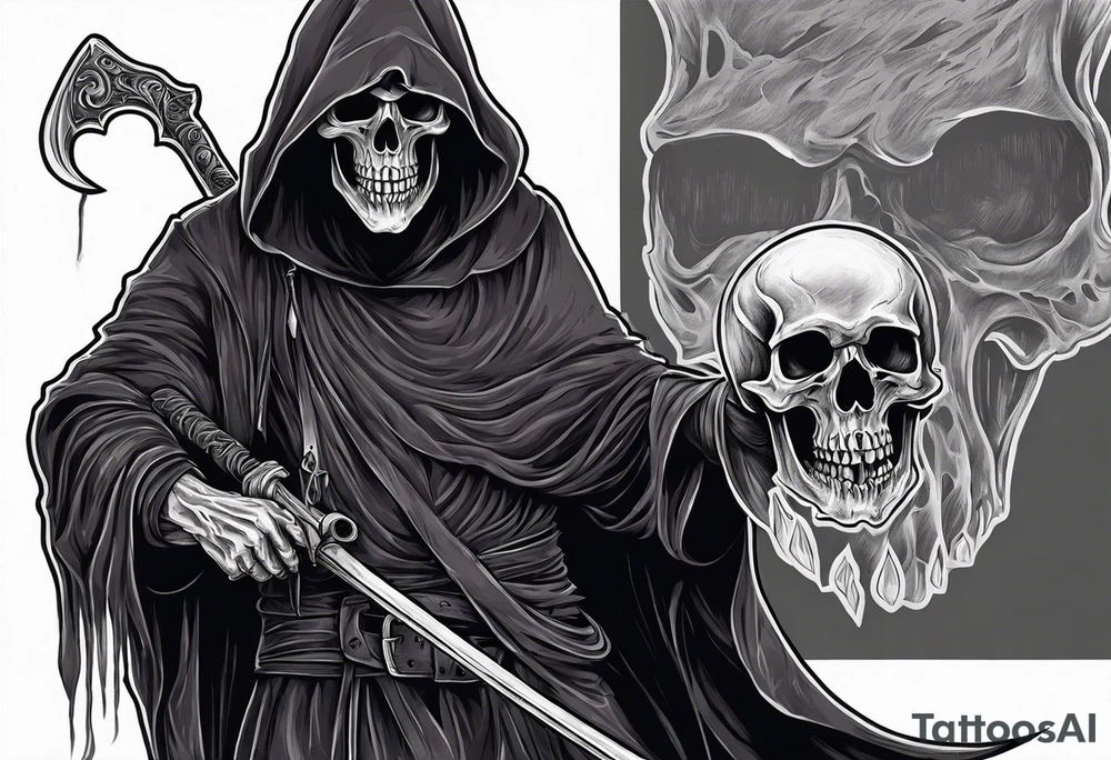Grim Reaper holding a skull with smoky background tattoo idea