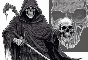 Grim Reaper holding a skull with smoky background tattoo idea