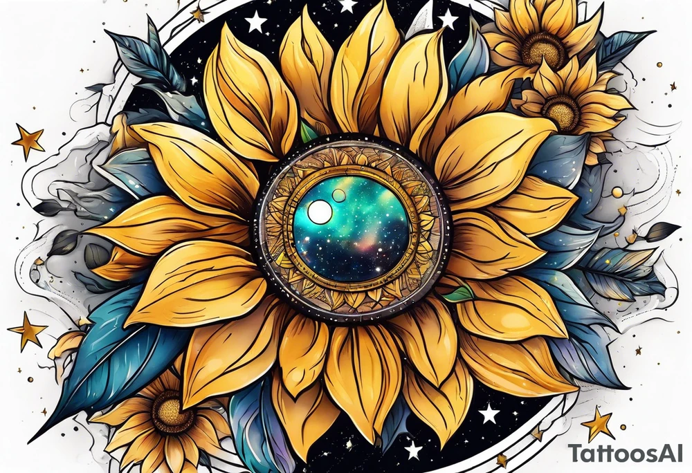 elegant tattoo with a small sunflower surrounded by cosmic stars and arrow tattoo idea