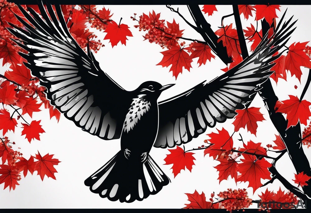 trash polka style. Arm tattoo. chest tattoo. Long tattoo. large tattoo. Full sleeve. Shoulder. A single large maple tree with red autumn leaves that branches upwards from wrist to shoulder. White-throated dipper bird on the trees branches. Calluna flowers at the base of the trees stem. Leaves falling. tattoo idea