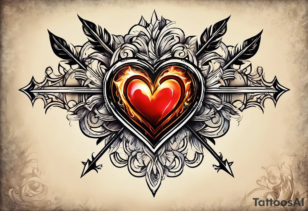 Heart on fire with an arrow shot through it. Showcasing things were difficult between me and my husband and how we are separating our paths tattoo idea