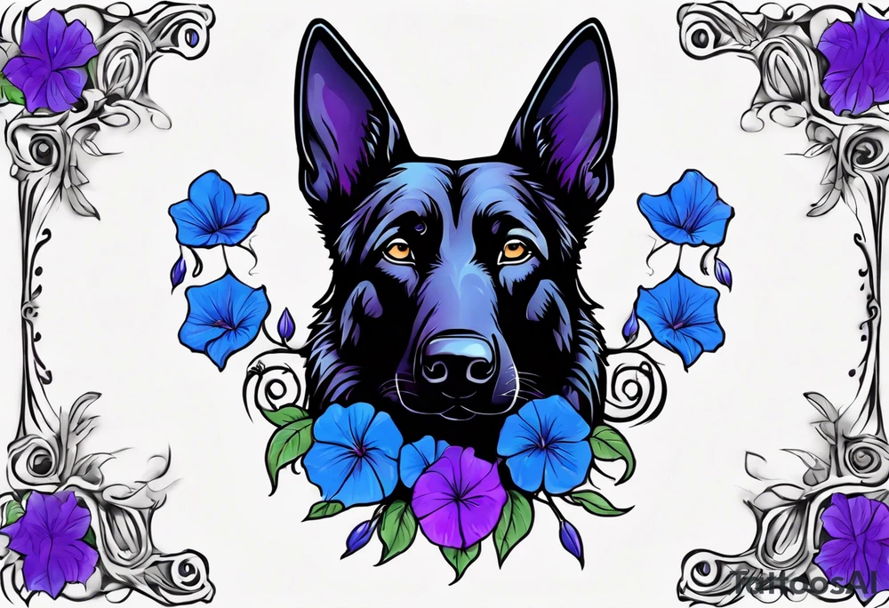 Black German shepherd face surrounded by blue and purple morning glories tattoo idea
