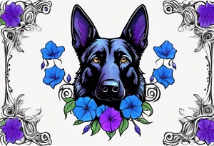 Black German shepherd face surrounded by blue and purple morning glories tattoo idea