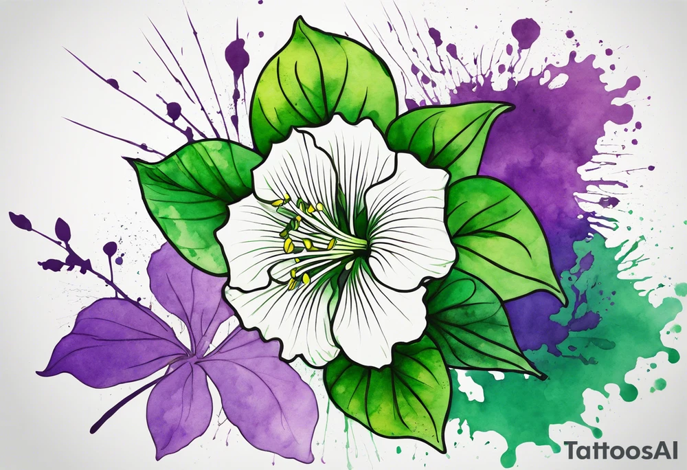 An outline of a green rio dipladenia flower and a green/purple watercolor splatter in the background tattoo idea