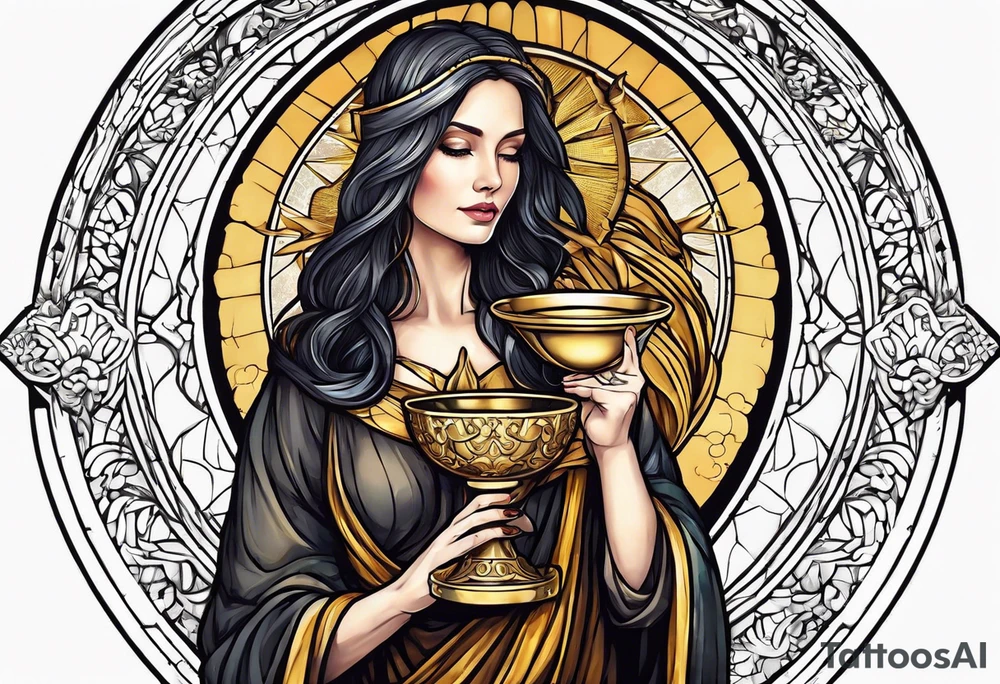 woman saint holding chalice surrounded by golden halo with a tower tattoo idea
