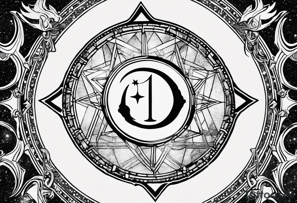 Matter, energy, space and time with an old stone theta symbol with stars in the background and Scorpio constellation tattoo idea