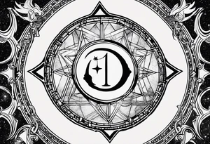 Matter, energy, space and time with an old stone theta symbol with stars in the background and Scorpio constellation tattoo idea