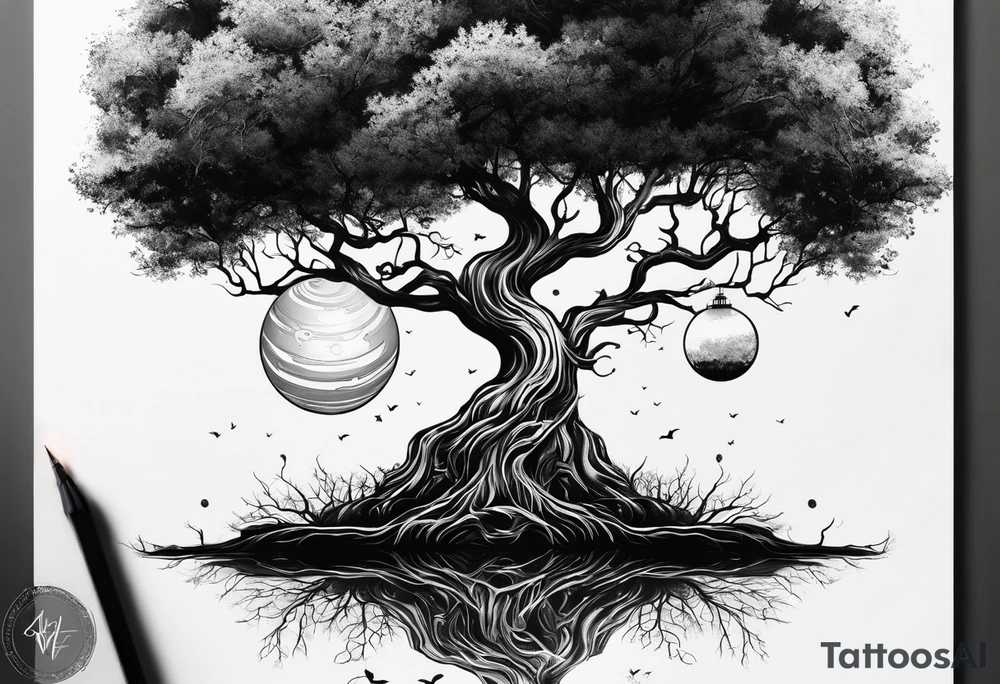 tree with the roots of the tree wrapped around the a planet
the planet is below the tree with the roots wrapped around the planet tattoo idea