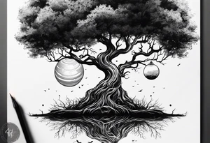 tree with the roots of the tree wrapped around the a planet
the planet is below the tree with the roots wrapped around the planet tattoo idea
