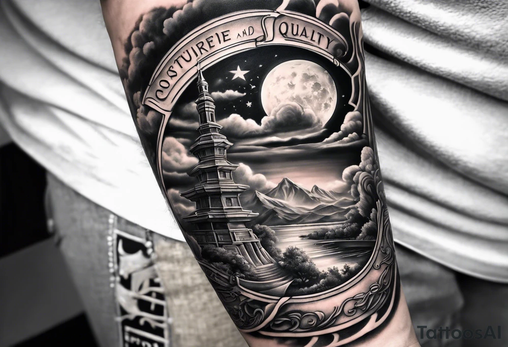 realistic forearm sleeve of money,kids, clouds journey, bible verses tattoo idea