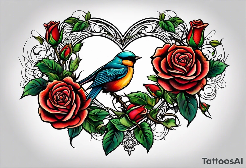 roses, birds, heart tattoo idea