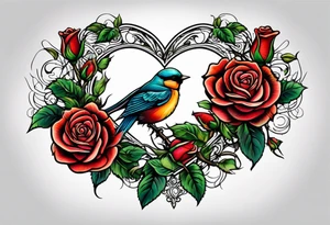 roses, birds, heart tattoo idea