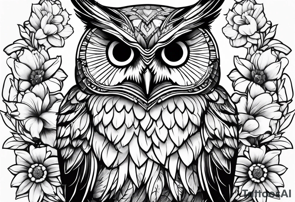 female owl with flowers tattoo idea