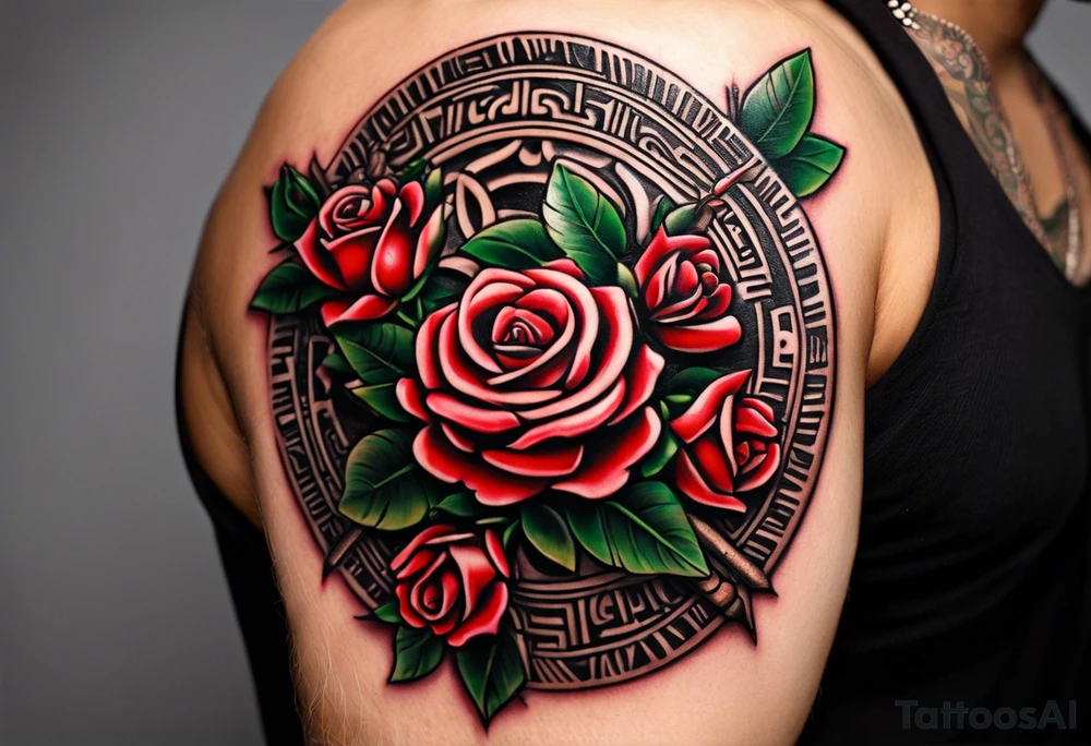 Design a masculine tattoo depicting three delicate rose buds being embraced and protected by 
Aztec weapons. The weapons should include elements such as the macuahuitl (Aztec sword-club), obsidian blades, and Mayan calendar, arranged in a way that forms a protective circle or embrace around the roses. Carve the entire image as if it were a stone sculpture by an ancient Aztec artist, with the texture resembling intricately detailed stone carvings. The roses should be slightly softer but still stylized in stone, giving the entire tattoo a powerful, yet artistic and ancient feel. Use bold, sharp lines to capture the essence of Aztec craftsmanship tattoo idea