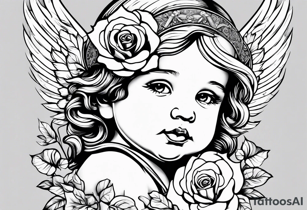 baby angel with a rose tattoo idea