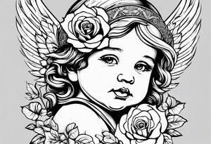 baby angel with a rose tattoo idea