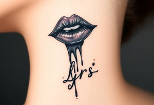 Seductive Stain from lipstick kiss with name lrs lowercase with drool black and white tattoo idea