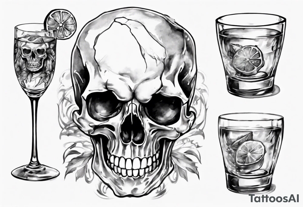 A smiling looking to the left scull inside the glass with alcohol and piece of lime tattoo idea