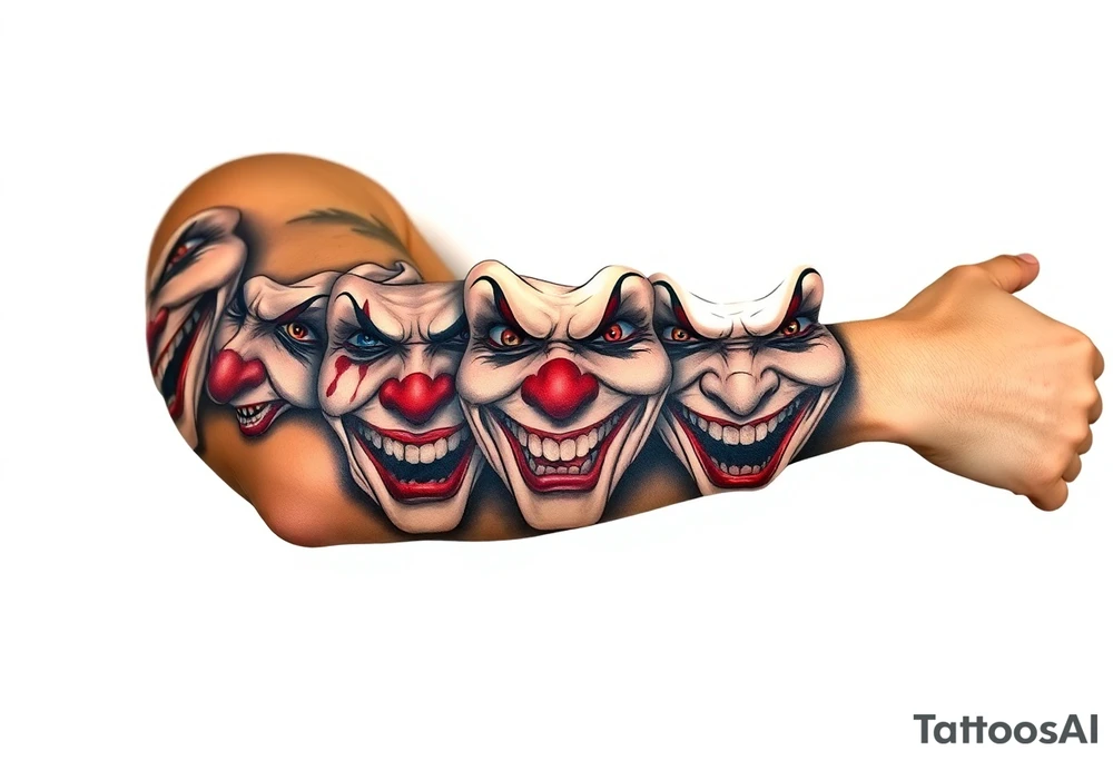 creative collage of each different emotion in different type of clown faces tattoo idea