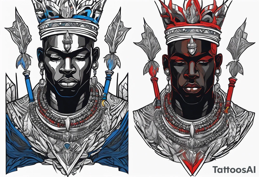 An african god, a bald black-skinned warrior, that uses a sword and a silver crown. He also uses blue and red necklaces tattoo idea