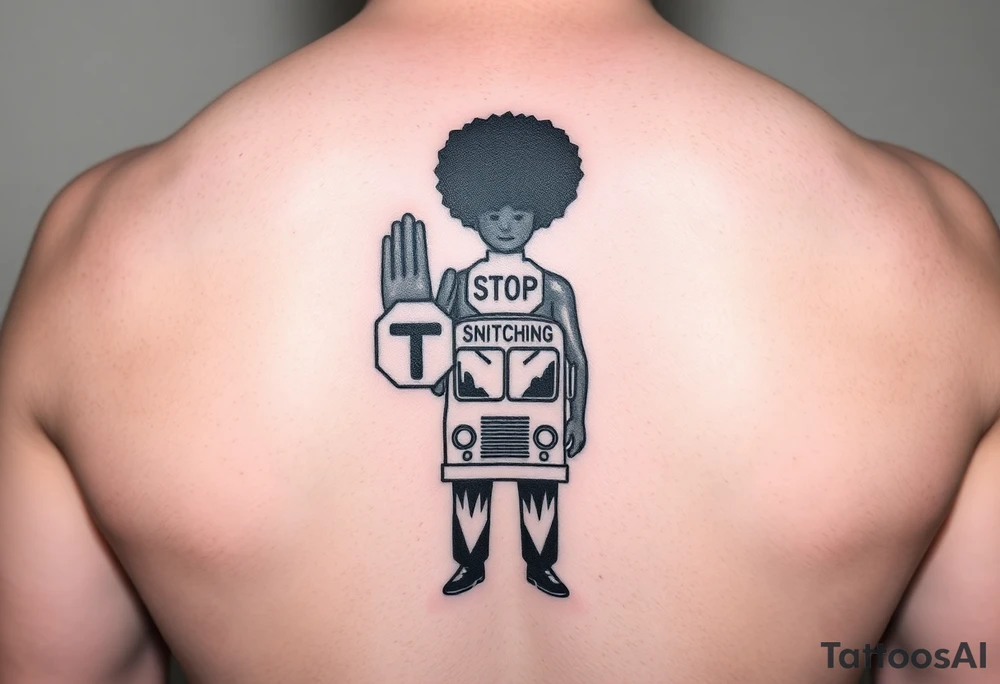 an african american with an afro with his hands standing in front of him with one hand vertically and one horrizonal in the shape of a T standing of a short bus with a stop sign that says STOP SNITCHING tattoo idea