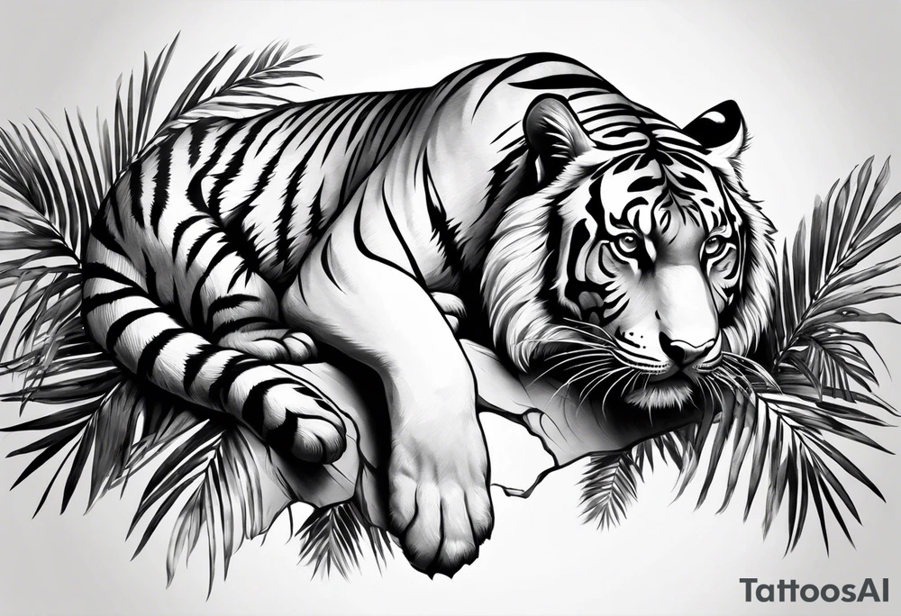 tiger laying on palm tree tattoo idea