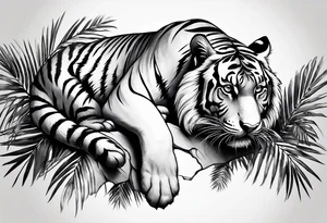 tiger laying on palm tree tattoo idea