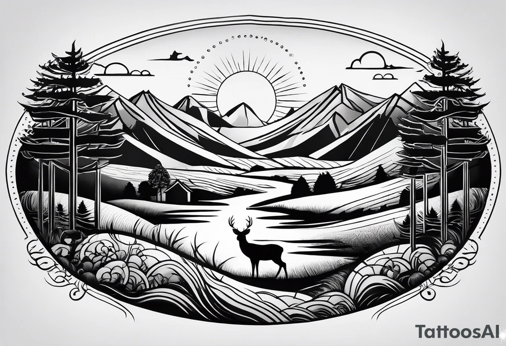 “Generate a minimalist tattoo showcasing a symmetrical scene of rolling hills and a rising sun, with small animals like deer or foxes incorporated into the design. tattoo idea