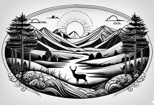 “Generate a minimalist tattoo showcasing a symmetrical scene of rolling hills and a rising sun, with small animals like deer or foxes incorporated into the design. tattoo idea