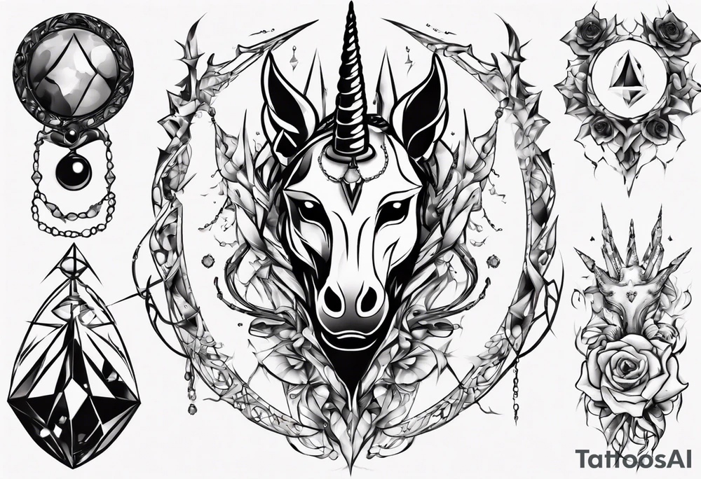 Shattered chalice surrounded by black jewels and a unicorn horn tattoo idea