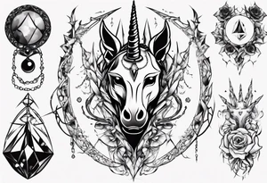 Shattered chalice surrounded by black jewels and a unicorn horn tattoo idea